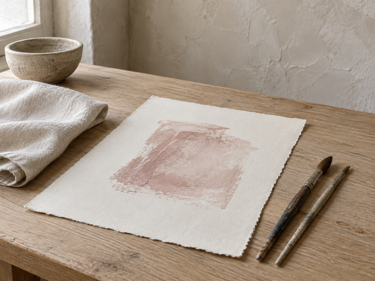 Étude de matière : papier, lin et pigment rose.